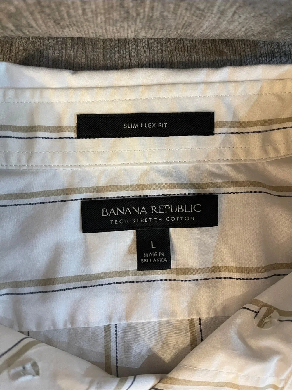 Banana Republic White Short-Sleeve Button-Down with Thin Tan Stripes